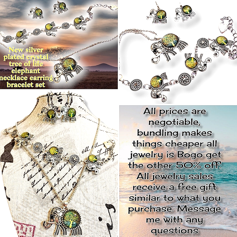 New Silver Plated Crystal Tree Of Life Elephant Necklace Earring Bracelet Set.